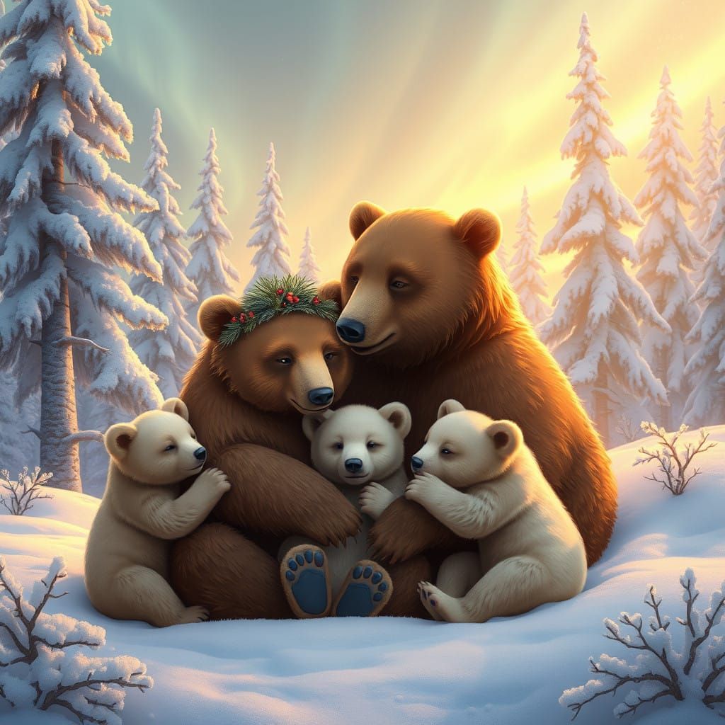 Whimsical Winter Bear Family in Golden Light