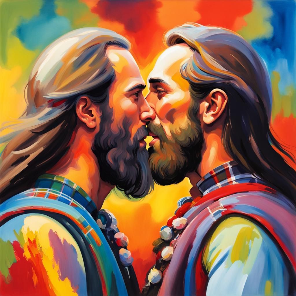 Happy Men Kissing in Peter Max Style