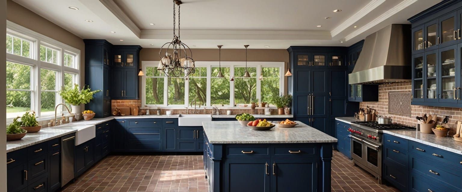 Elegant High-End Chef's Kitchen with Dark Blue Cabinets