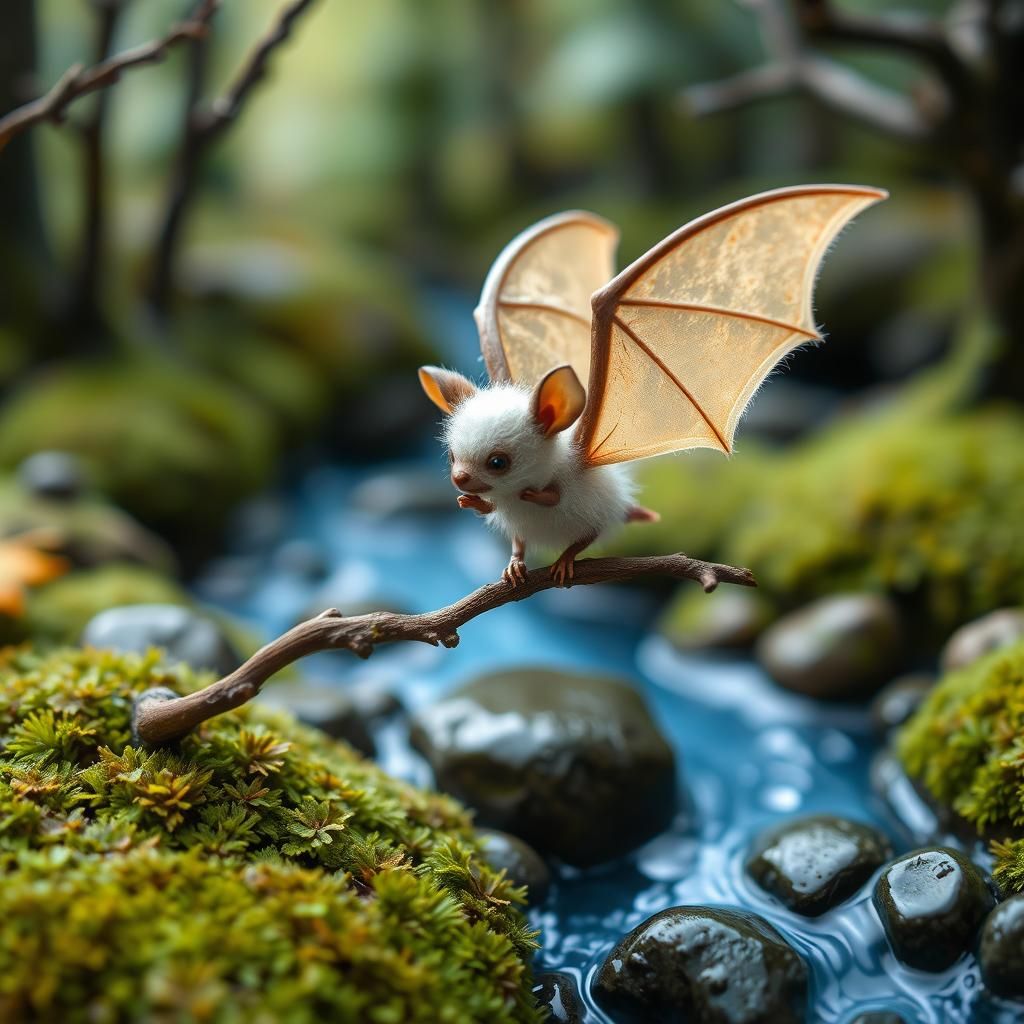 Whimsical Fluffy Bat in Miniature Forest Diorama