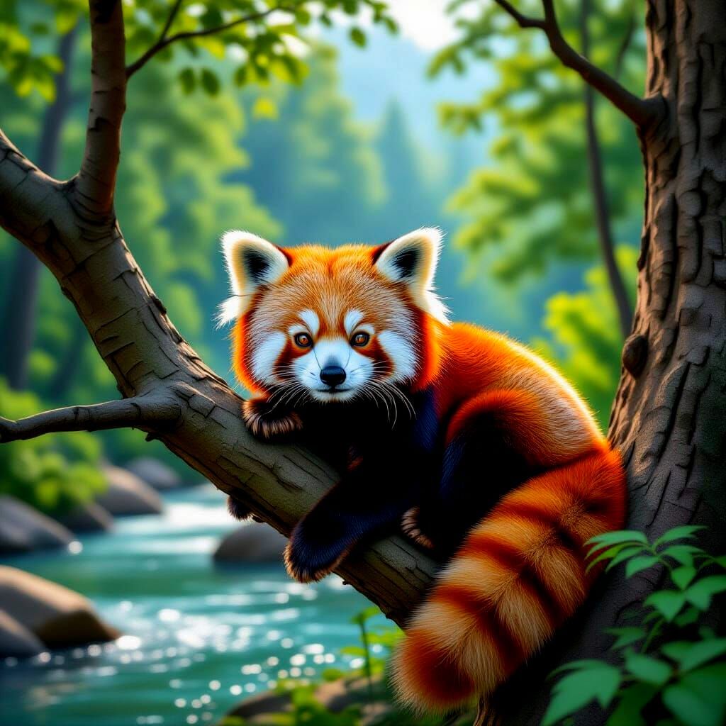 Hyperrealistic Red Panda Resting in Forest Tree