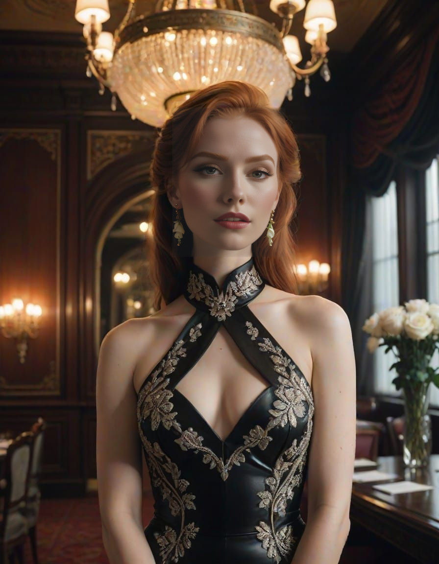 Ginger Woman in Black Leather Sashays in Dramatic Restaurant...