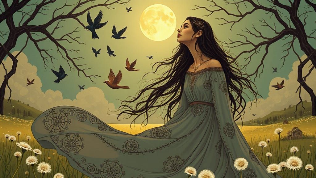 Dreamy Transhumanist Woman in Cosmic Forest