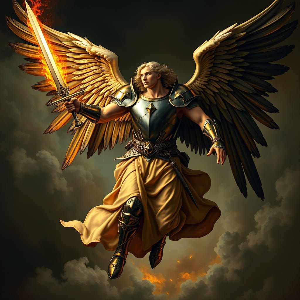 Renaissance Angel Descends with Flaming Sword