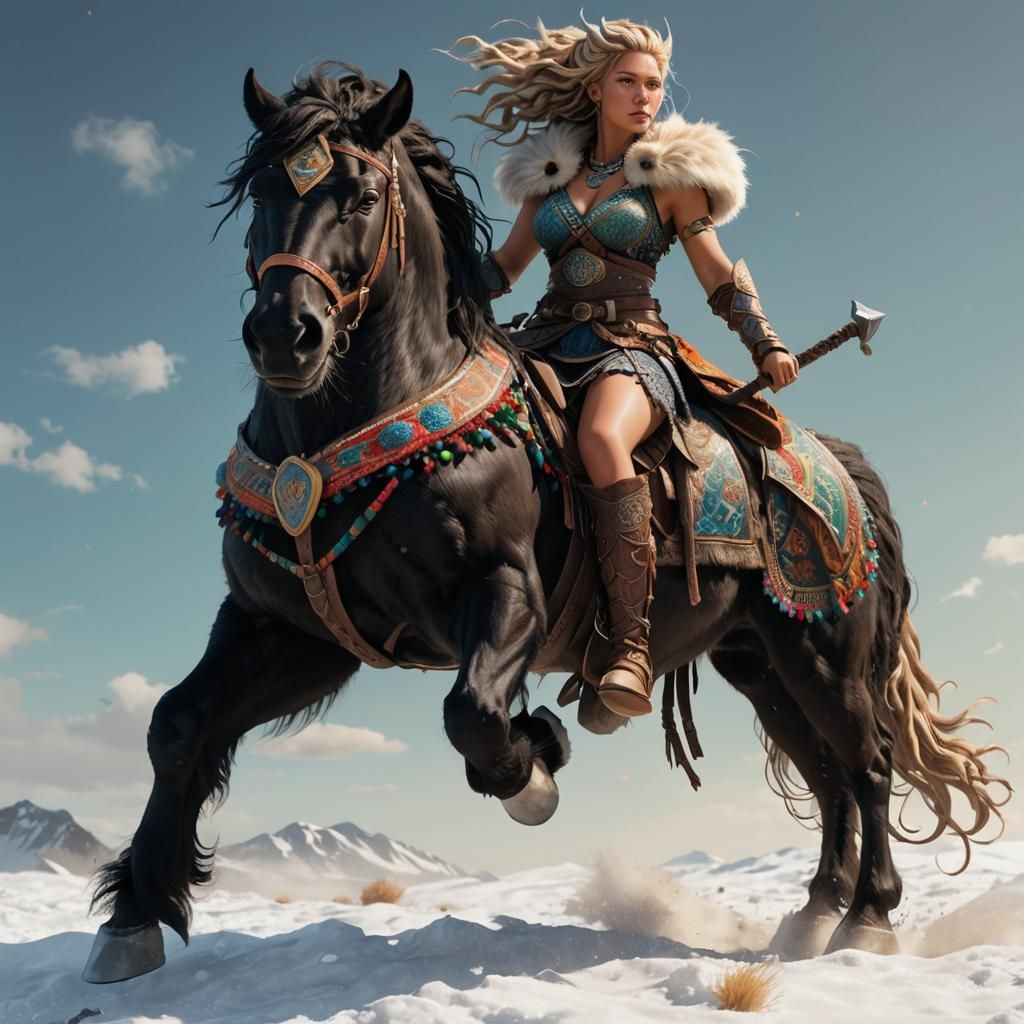Viking Woman Rides Massive Frisian Horse in 3D Anime Art