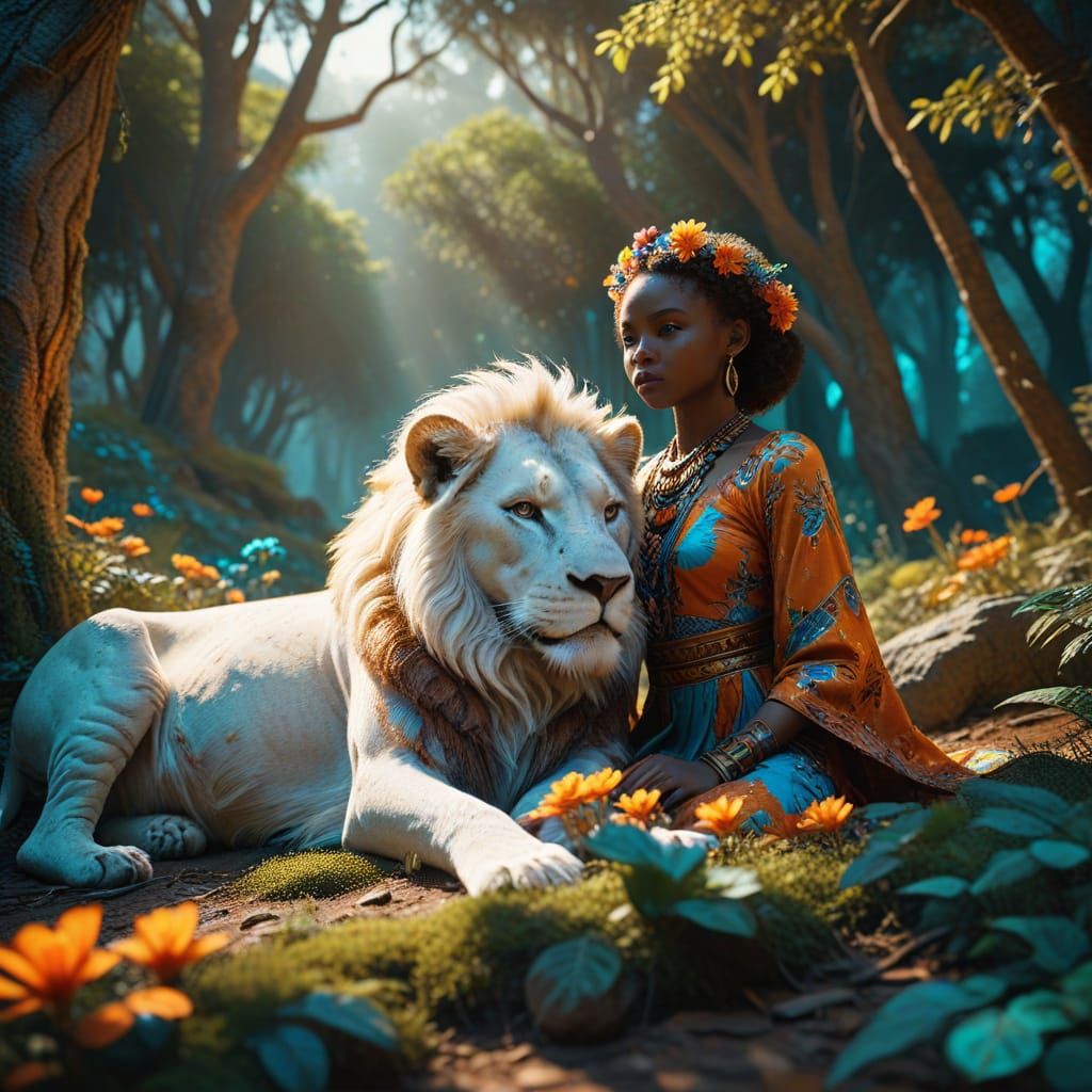 African Fantasy Princess Surrounded by Vibrant Wildlife