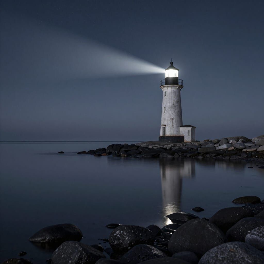 Lone Lighthouse Under Starry Sky in Romantic Style