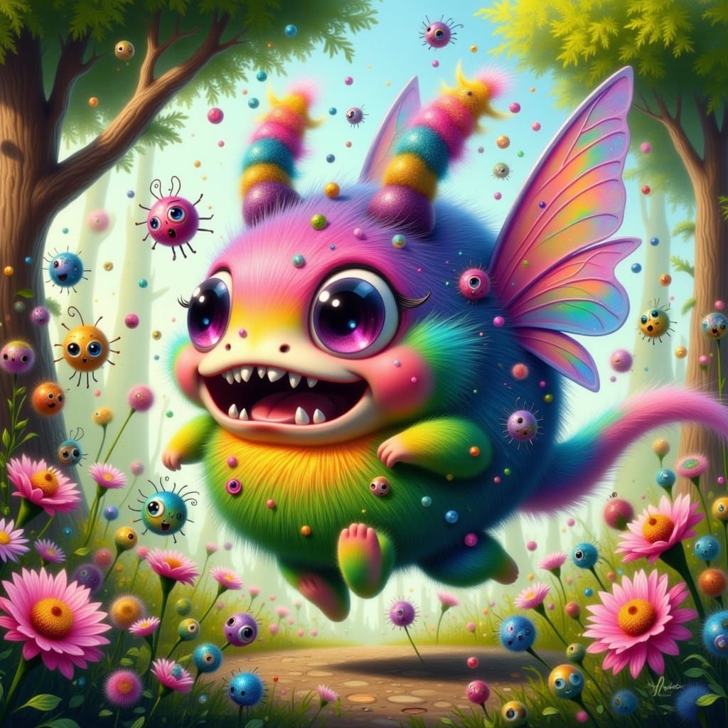 Vibrant Fae Realm with Rainbow Berry Monster and Whimsical F...