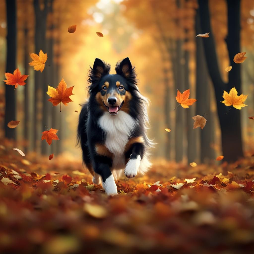 Shetland Sheepdog Runs Through Autumn Forest