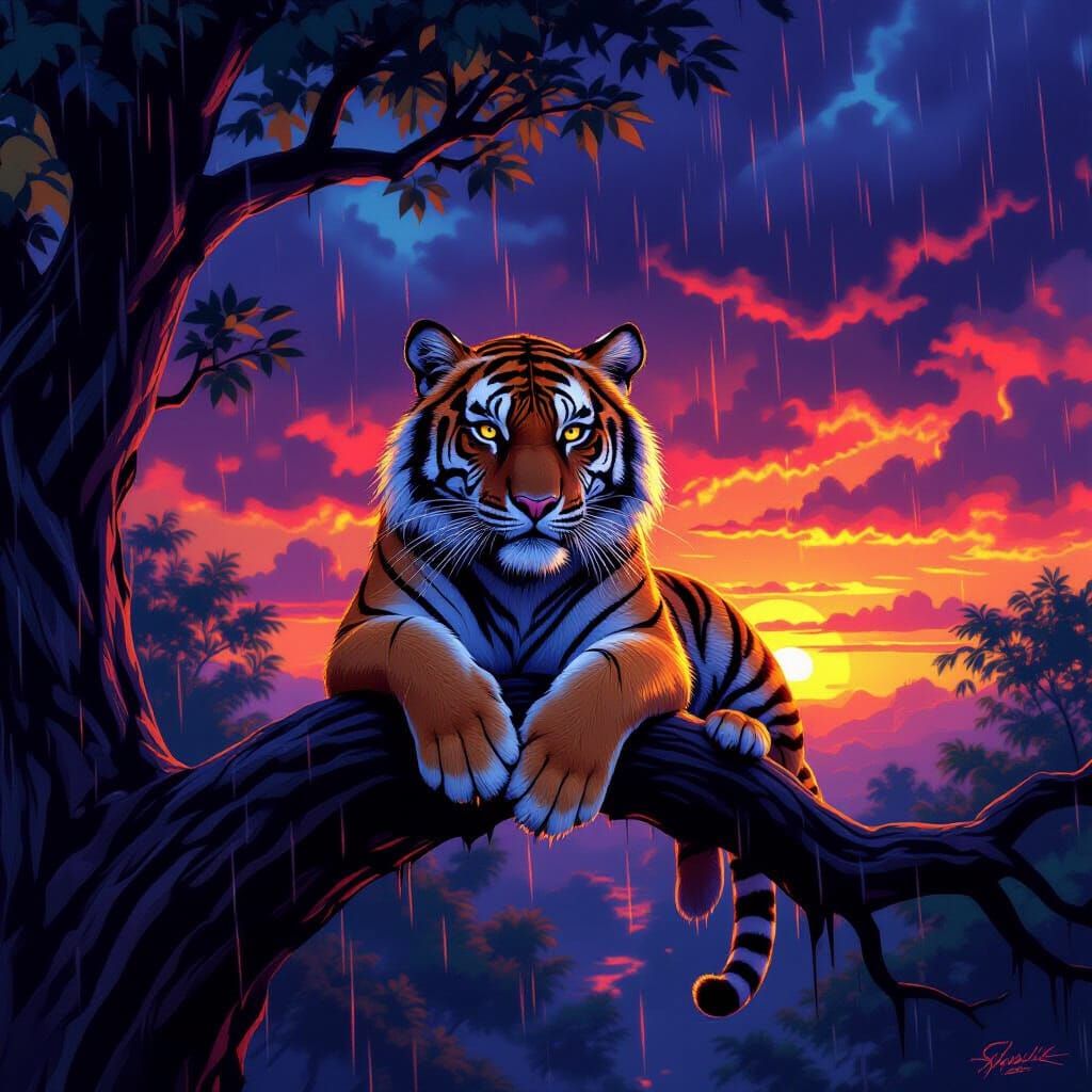 Majestic Tiger in Stormy Sunset - Fantasy Concept Art