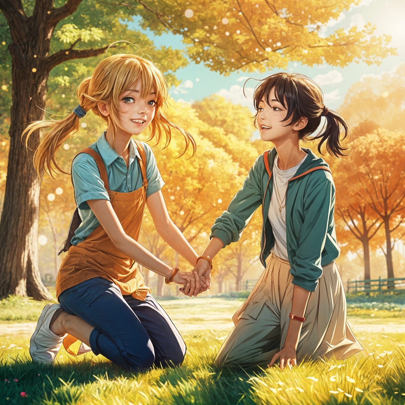 Anime Style Portrait of a Young Woman Helping a Friend