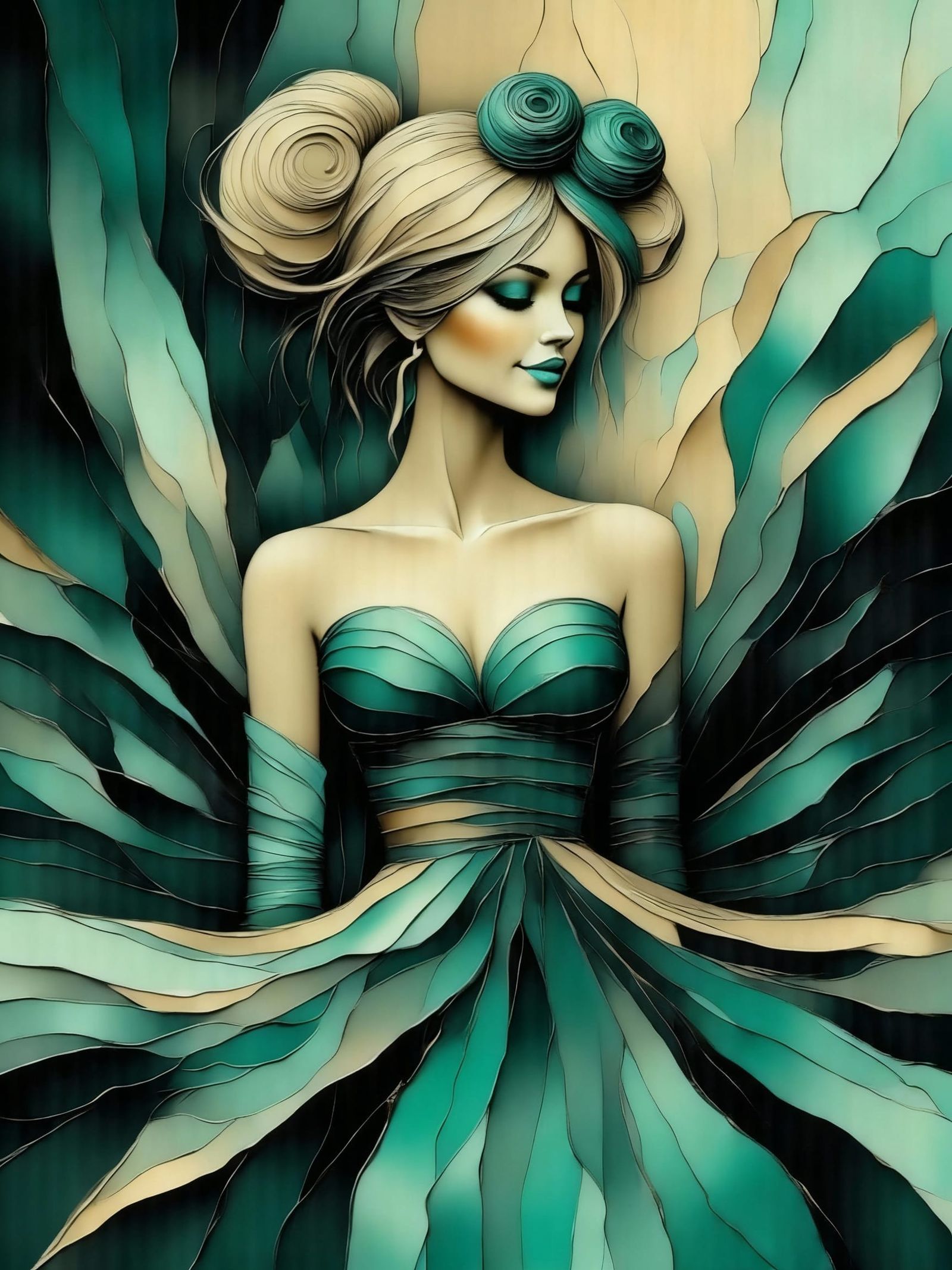 Woman in Turquoise Corset Dress with Flower Embroidery