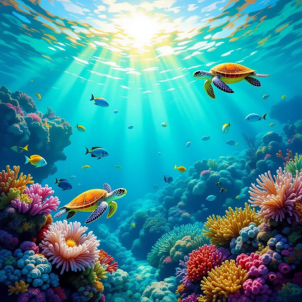 Vibrant Coral Reef with Sea Life in Oil Painting Style