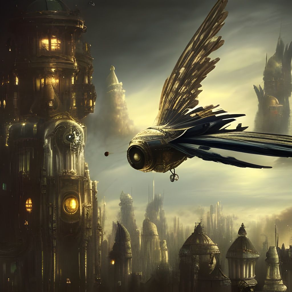 Steampunk Flying City in Mechanical Flower Fantasy Art