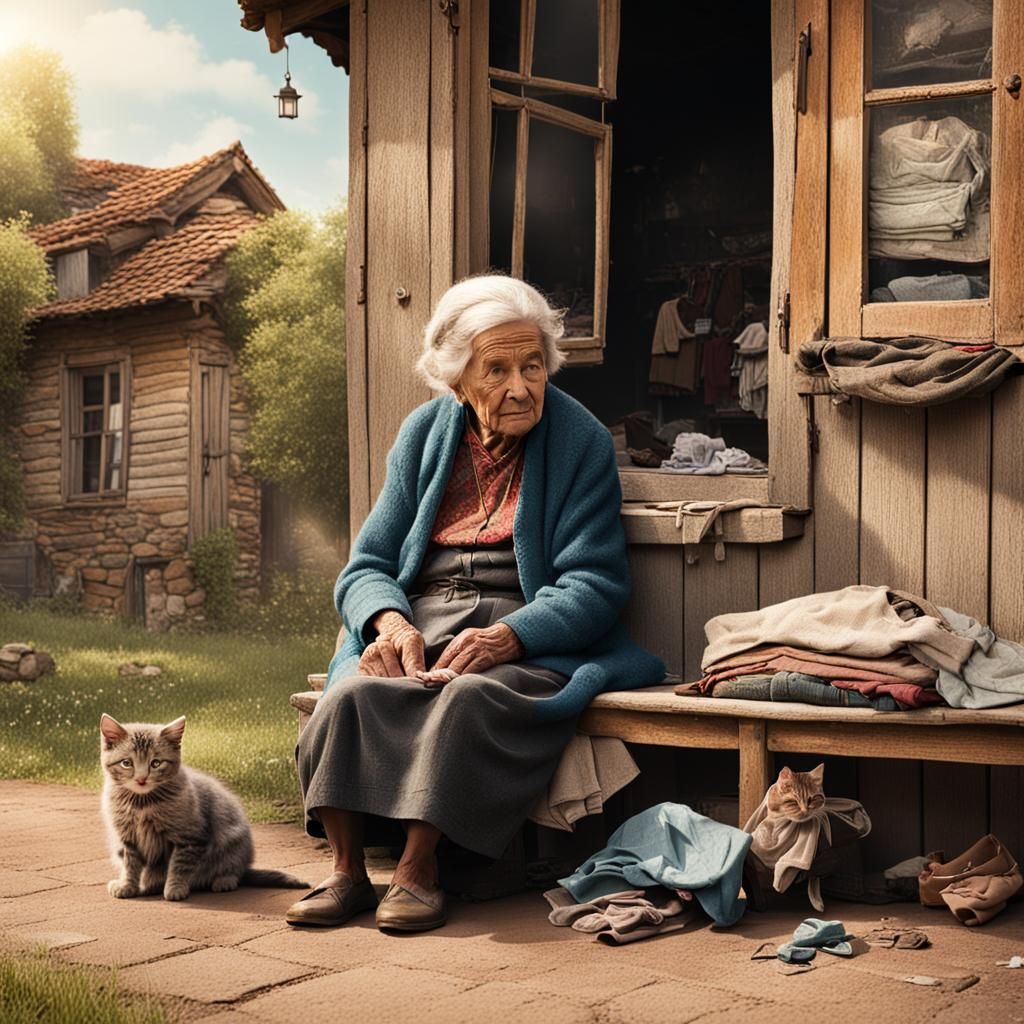Old Woman and Kitten Outside Broken Home