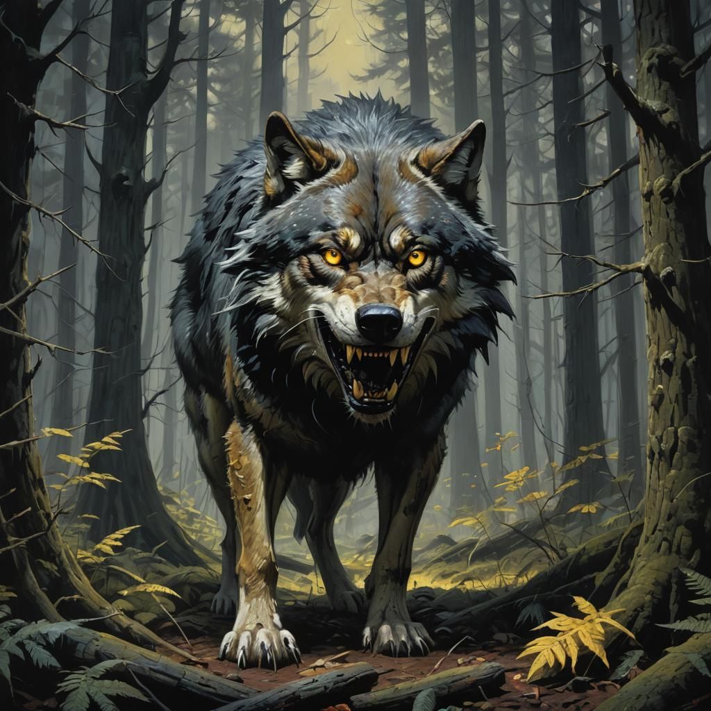 Sinister Wolf Watching Prey in Dark Forest