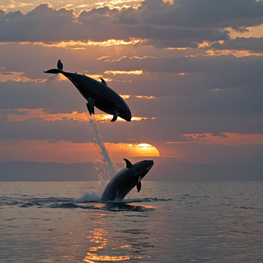 Whale Leaping at Sunset Over the Sea