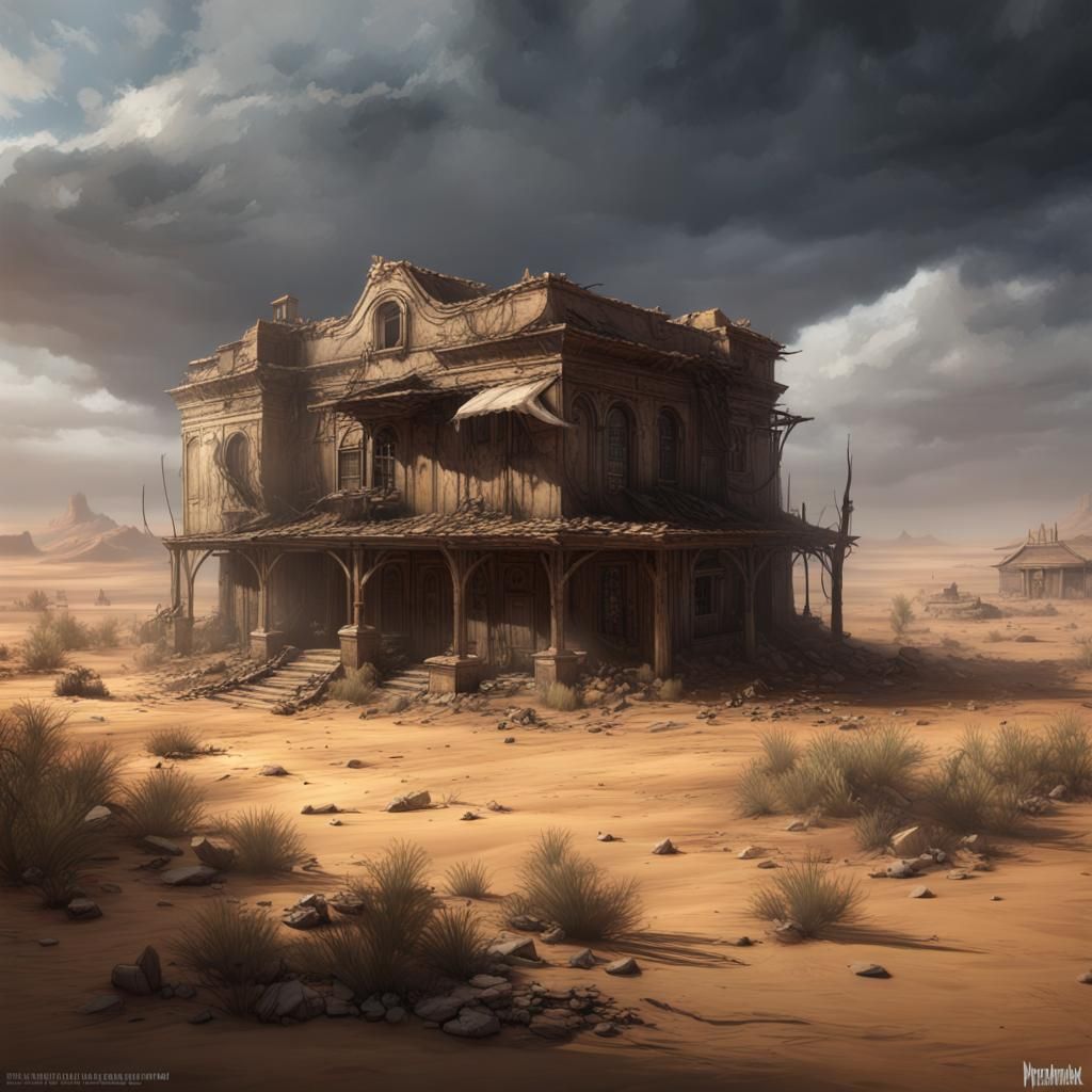 Decaying Desert House in Dark Fantasy Style