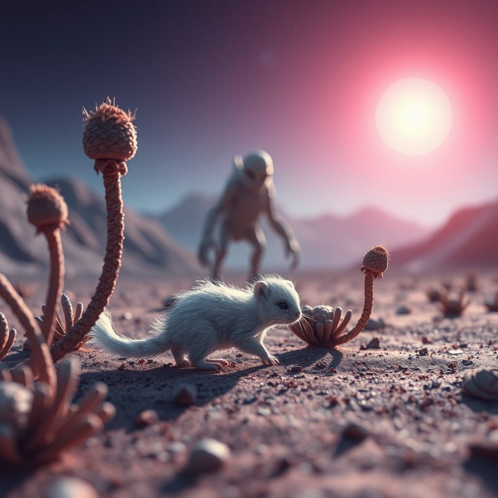 Furry Creature's Escape on Alien Planet in Neon Lighting