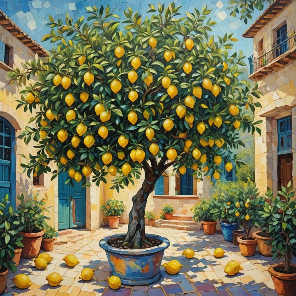 Mediterranean Lemon Tree: Expressionist Oil Painting