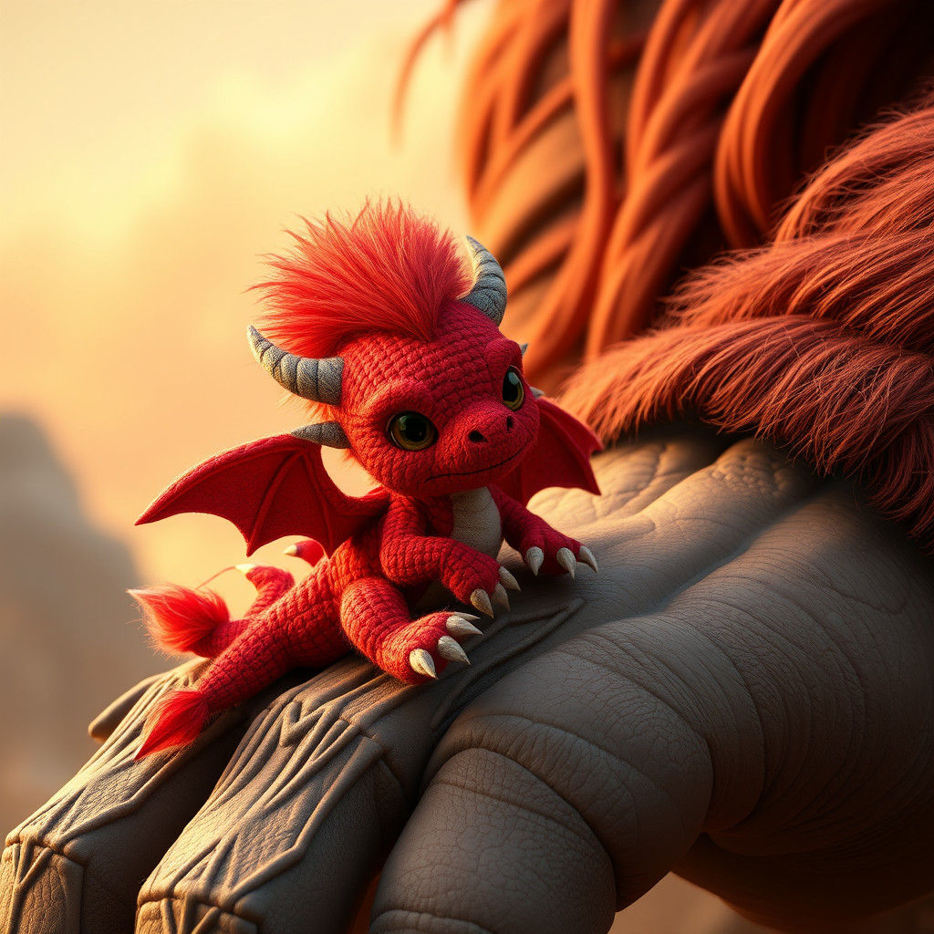 Cute Red Yarn Dragon on Giant's Hand