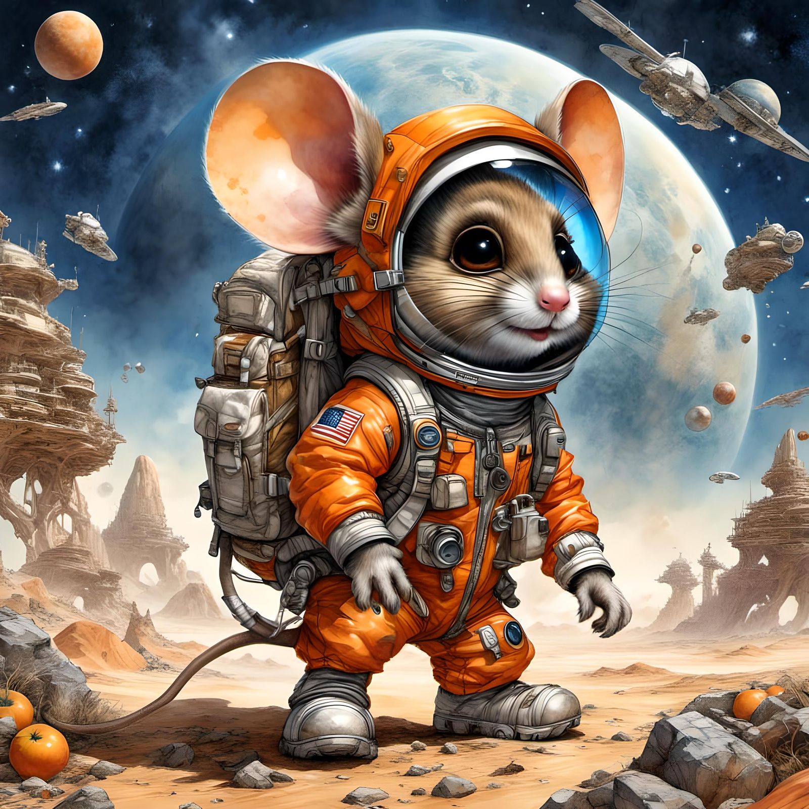 Adventurer Mouse on the Moon in Cartoon Style