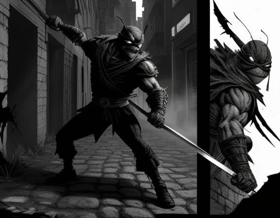 Ninja Turtles Emerge from Dark Alleyway Shadows in Noir Styl...