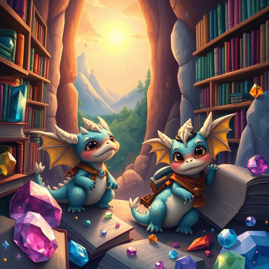 Whimsical World of Gemstone Landscapes and Playful Dragons