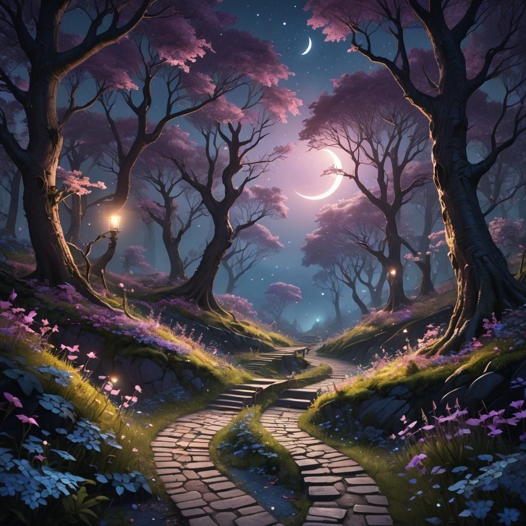 Magical Forest Path Under Crescent Moon: Fantasy Art