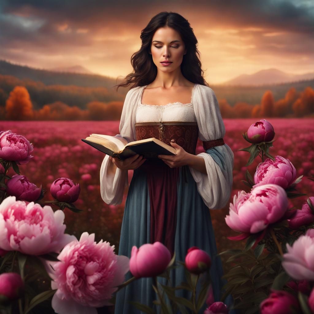 Brunette Woman with Bible in Autumn Peony Field