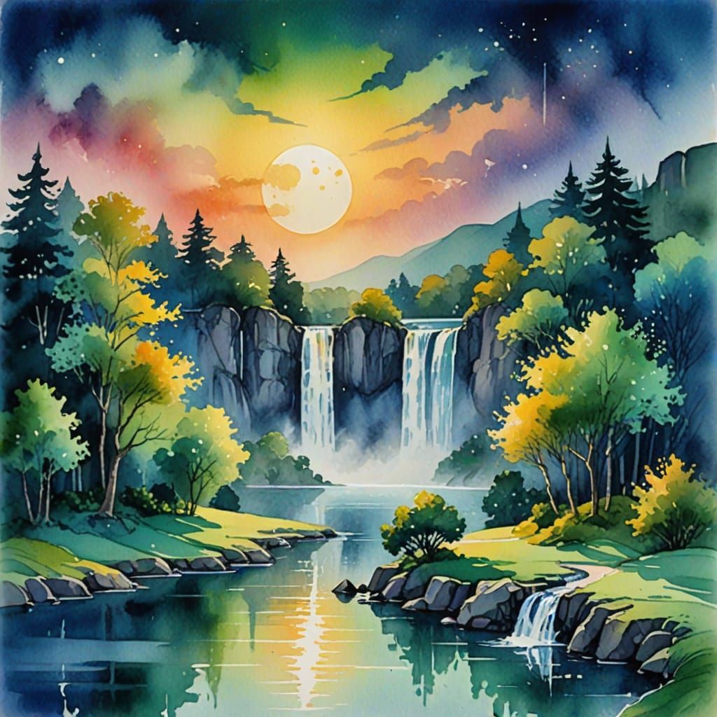 Fauvist Watercolor Landscape with Crescent Moon