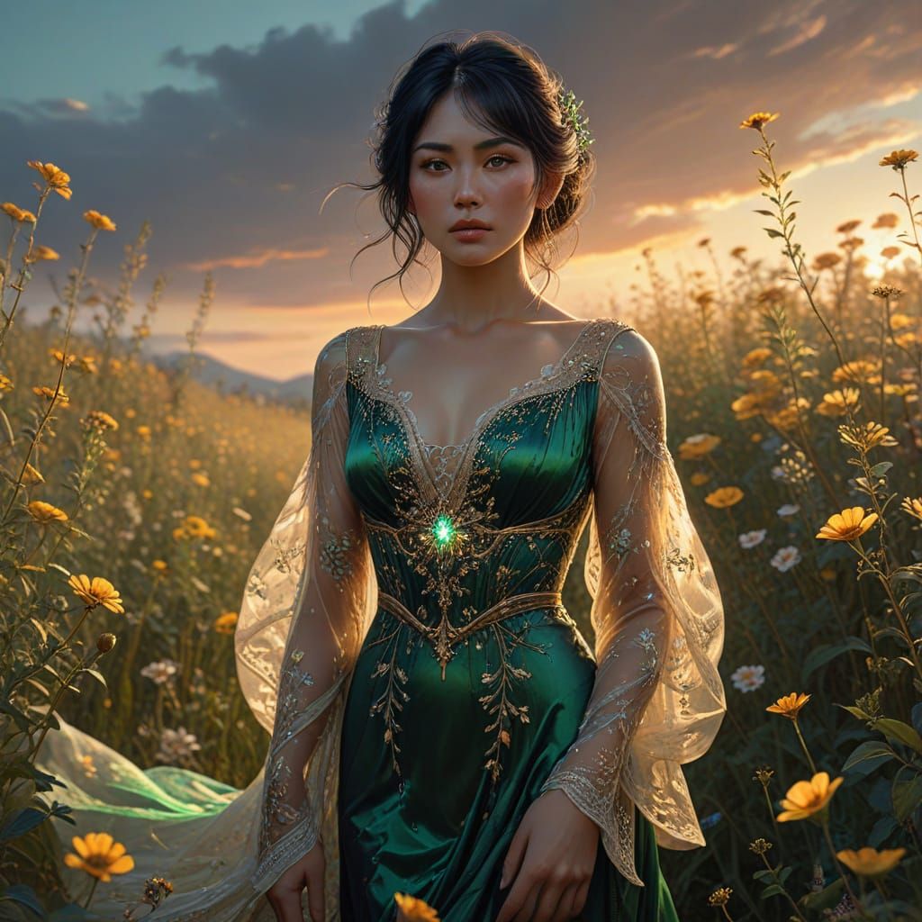 Ethereal Japanese Woman in Wildflower Field at Dawn
