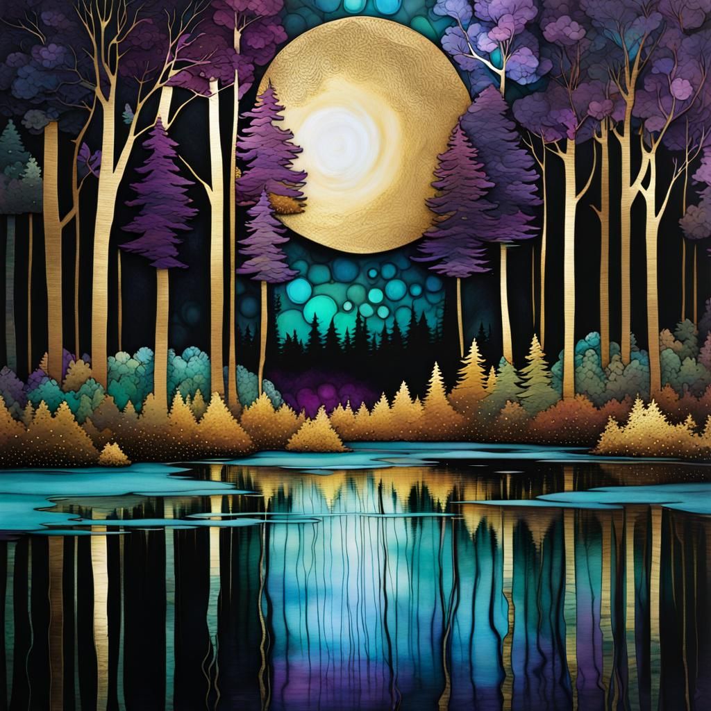 Magical Forest in Moonlight with Cubist Style