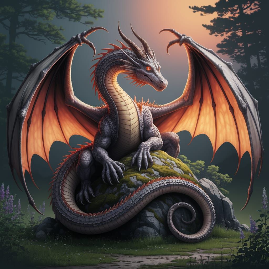 Golden Dragon Coiled Around Forest Boulder