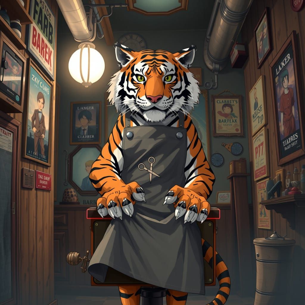 Tiger Barber in Retro-Futuristic Underground Shop