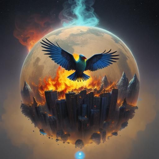 Fiery Bird Holographic Illustration in Astral Style