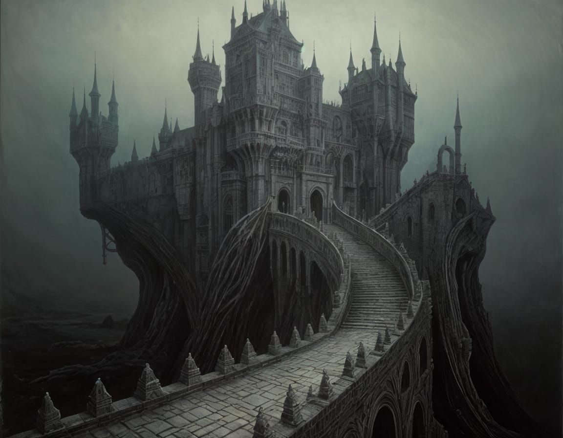 Surreal Castle Landscape with Drawbridges and Moats in a Dre...