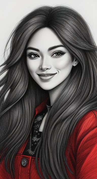 Girl Smiling in Sunset: Hyperdetailed Charcoal Drawing