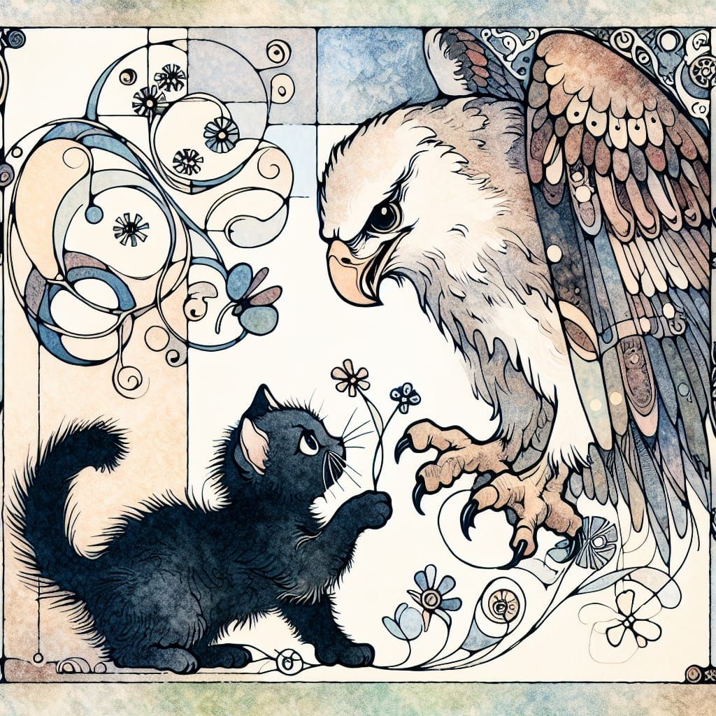 Cat and Owl Conversation in Art Nouveau Style