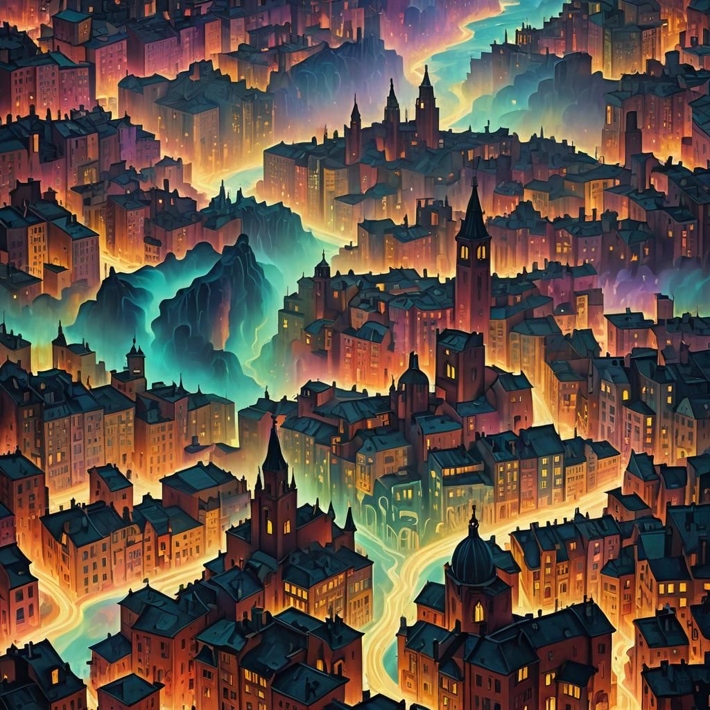 Surreal Cityscape of Light Entities in Dreamlike Style