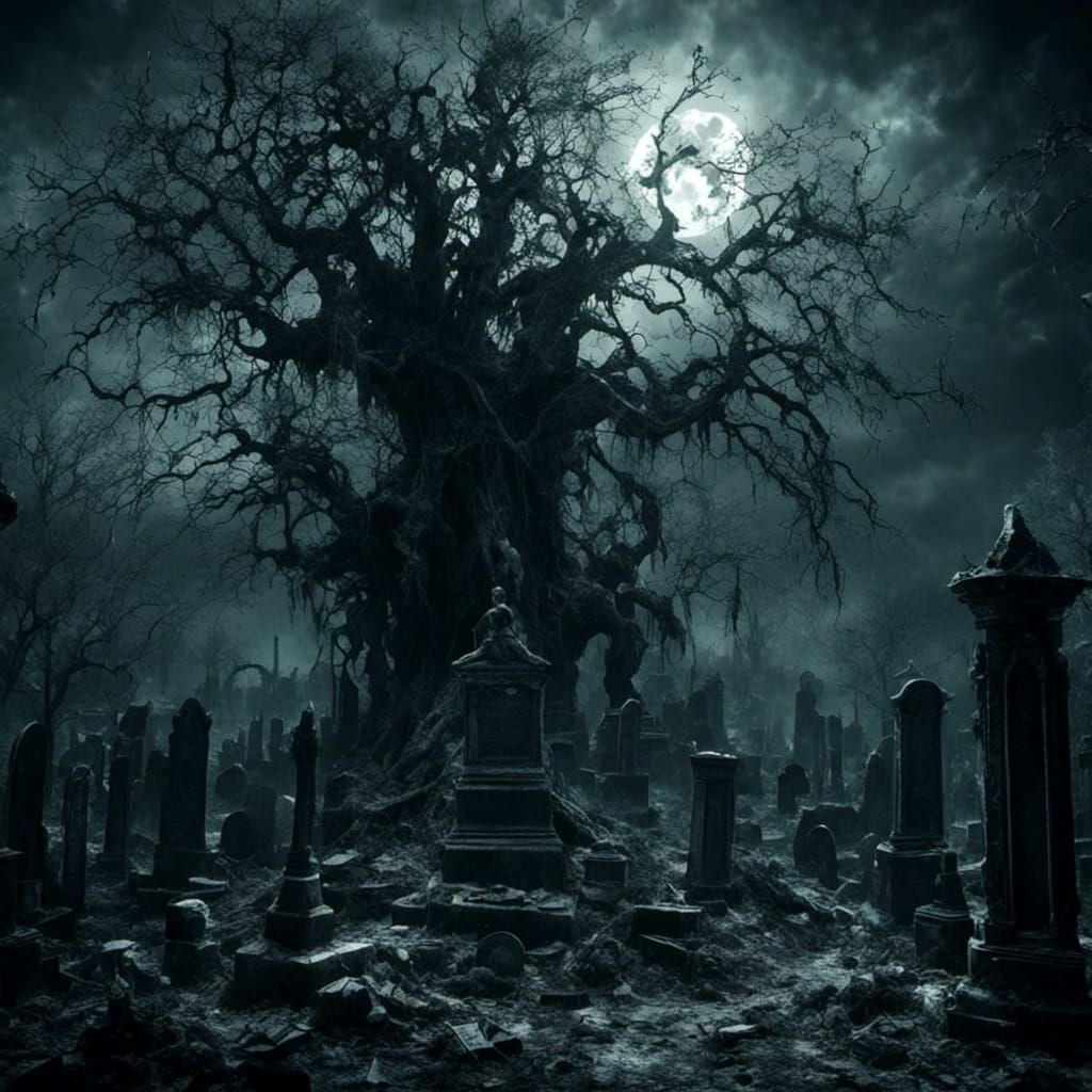 Macabre Screaming Tree in Cemetery, Hyperreal Art