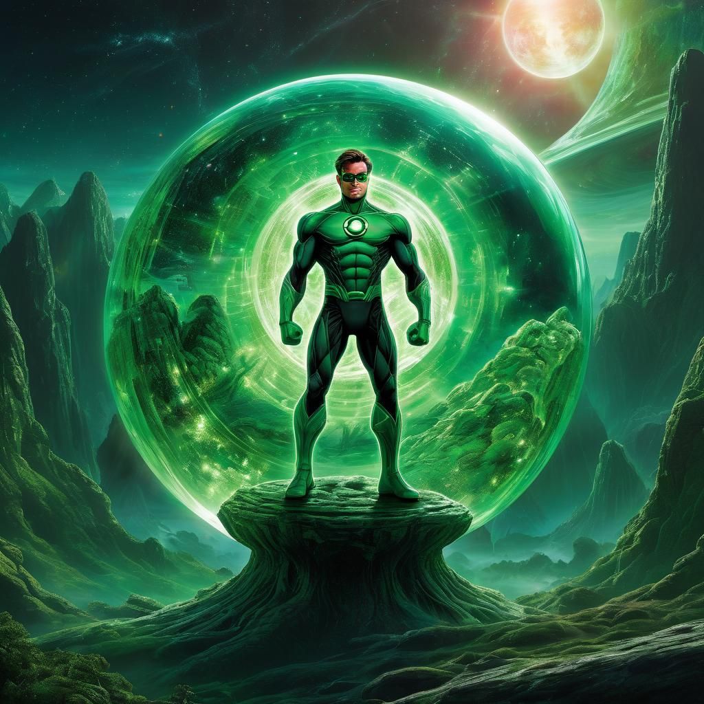 Green Lantern in Floating Orb Over Alien World
