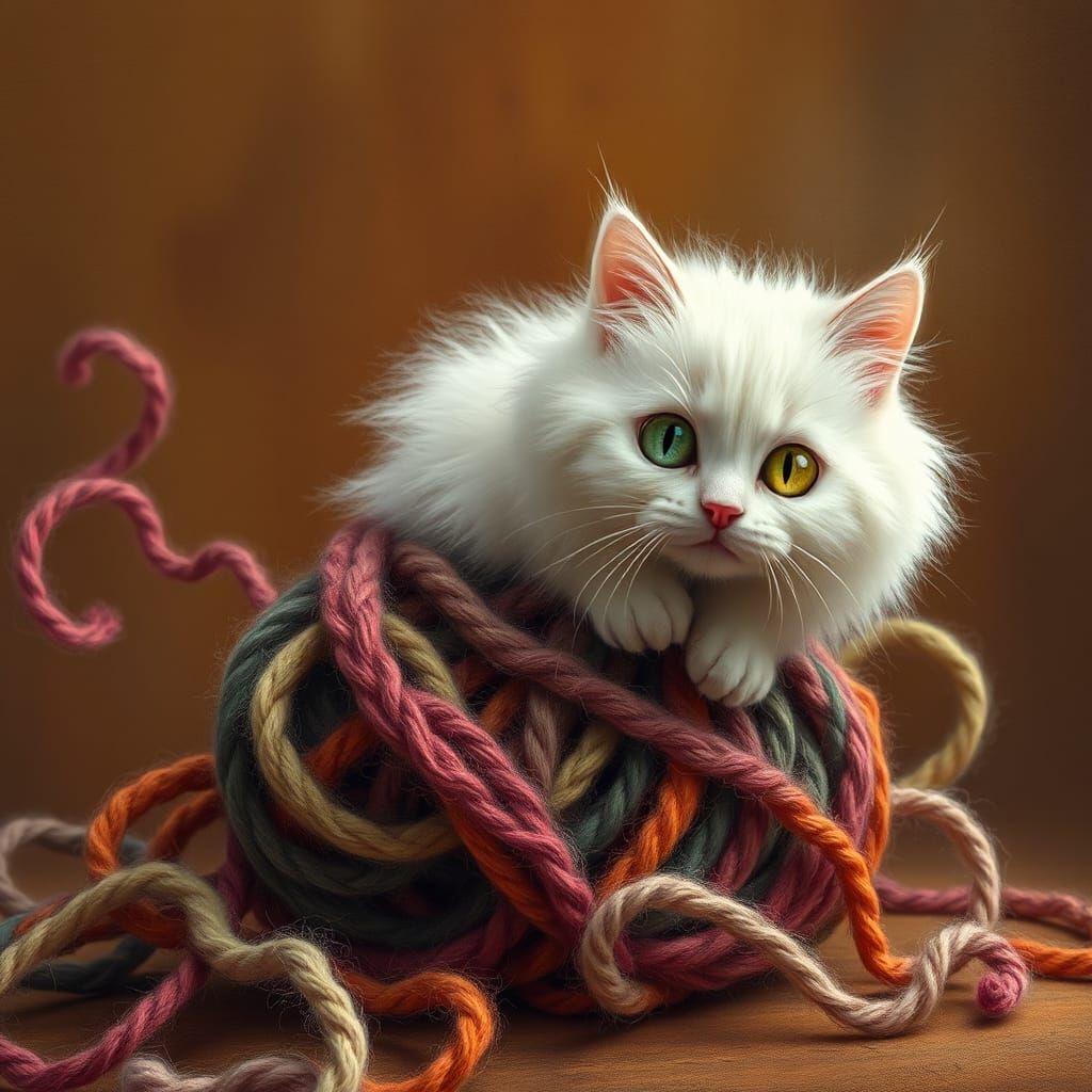 Fluffy Cat Plays with Yarn: A Fantasy Artscape