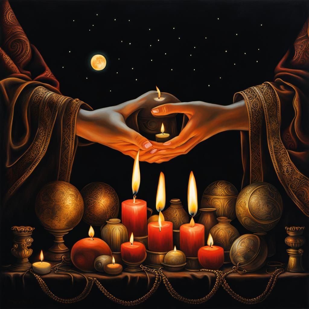 Ritualistic Candlelit Hands at Night