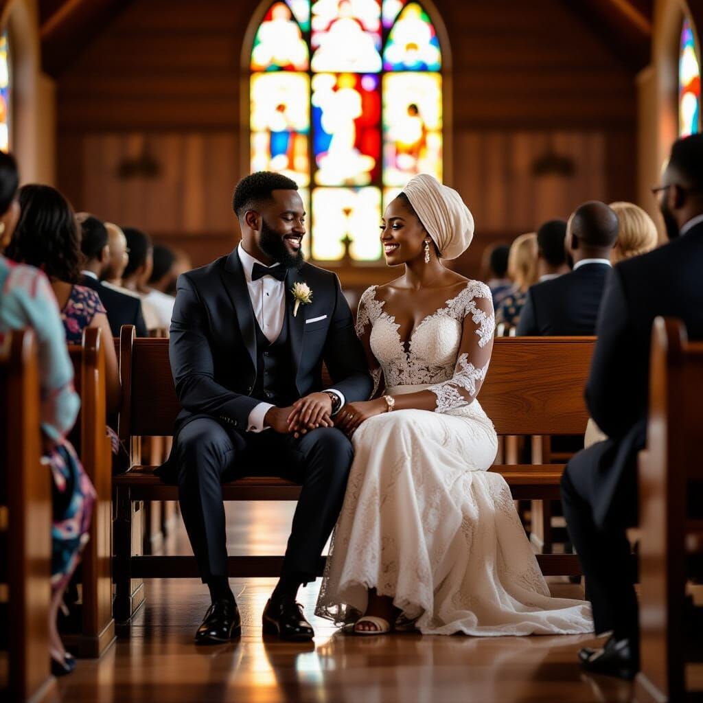 Elegant Nigerian Couple in Church Pew, Holding Hands