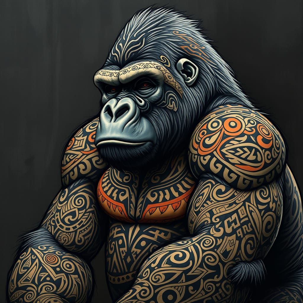 Tribal Tattoo Gorilla in Mixed Media Style