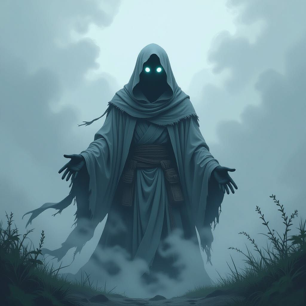 Ethereal Ghost in Mist, Vibrant Cel-Shaded Style