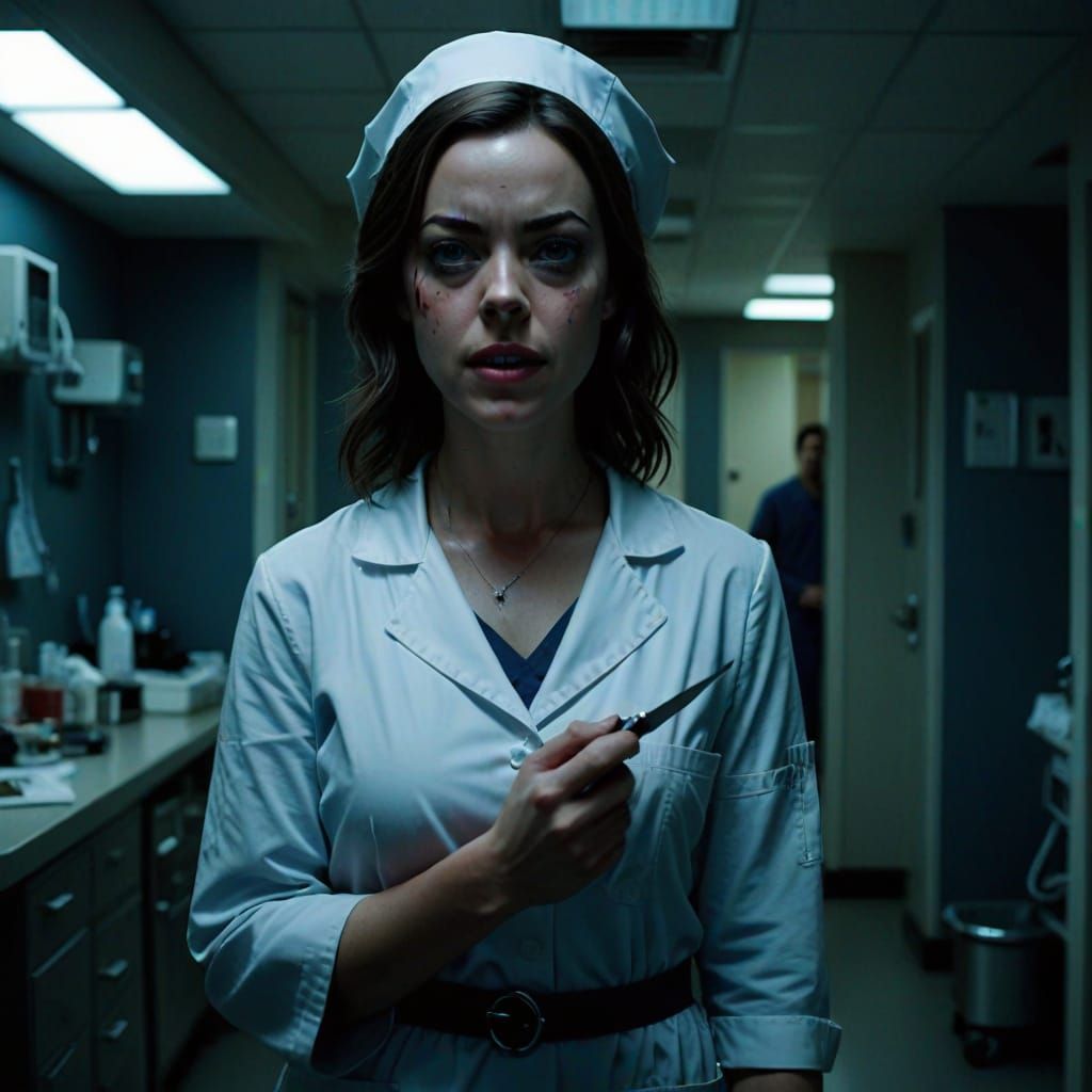 Aubrey Plaza as a Sinister Nurse in Dark Cinematic Style