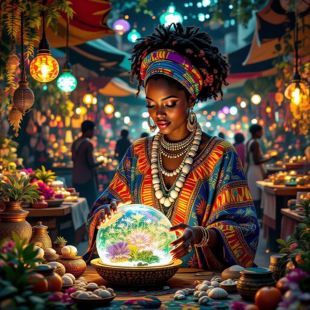 Afrofuturist Woman Tends Glowing Terrarium in Alien Market