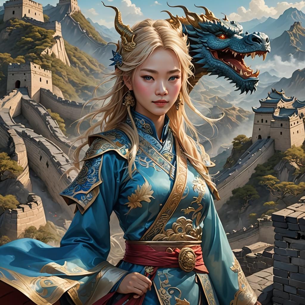 Chinese Girl with Dragon on Great Wall
